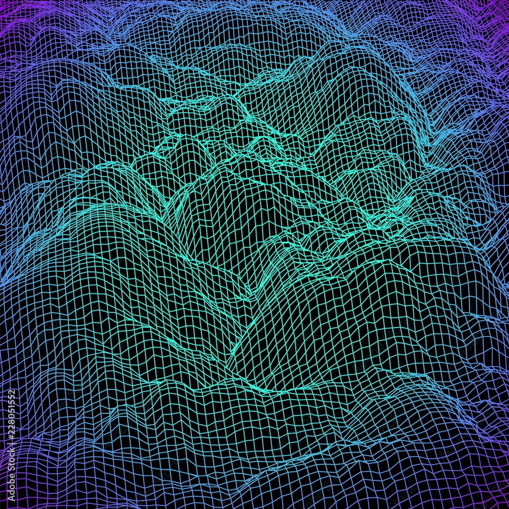 Poster Digital landscape with mountains or clouds made of line grid