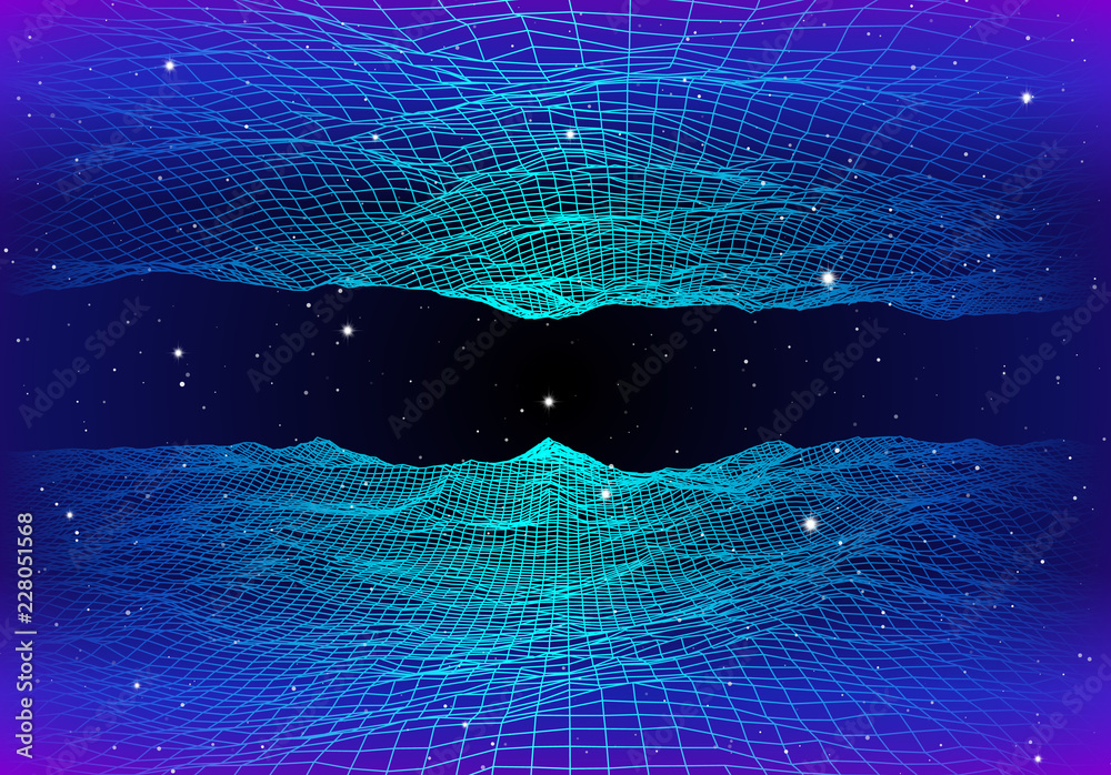 Poster retro neon background with 80s styled laser grid and stars