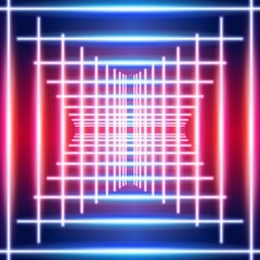 Bright neon lines ultraviolet background with 80s style shiny laser rays crossing or corridor