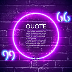 Retro neon glowing quote marks frame on the wall