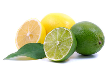Lemon and lime with leaves isolated on white background.