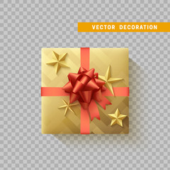 Gift box with bow and ribbon isolated on transparent background. Flat top view.