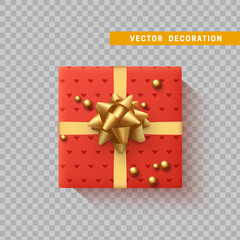 Gift box with bow and ribbon isolated on transparent background. Flat top view.