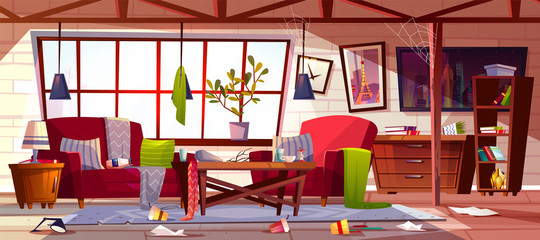 Messy living room with dirty dishes on table, spider web on ceiling and clothes scattered on stained carpet cartoon vector illustration. Household chaos, home cleaning time or bad tenant concept