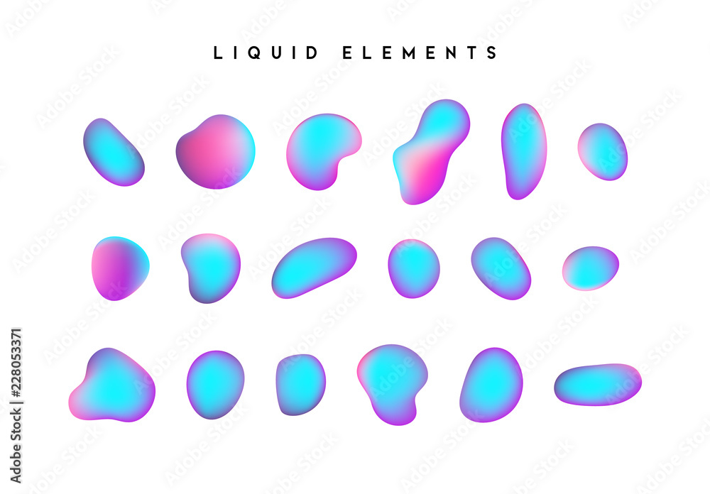 Wall mural gradient iridescent shapes. set isolated liquid elements of holographic chameleon design palette of 