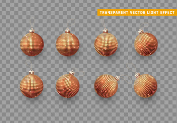 Christmas balls and bauble red color. Xmas golden ornament glowing decoration elements. New Years small showy glittering decor. Object isolated a background with transparent effect.