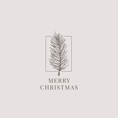 Merry Christmas Abstract Vector Classy Label, Sign or Card Template. Hand Drawn Fir-Needle Branch Sketch Illustration with Vintage Typography. Premium Pink Background