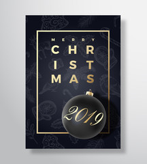 Merry Christmas Abstract Vector Greeting Card, Poster or Holiday Background. Black on Black and Gold Colors, Glitter and Typography. Xmas Ball with Soft Shadows and Sketch Pattern.