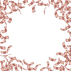 Russian ruble notes falling. Sparse RUB bills on white background. Russia money. Bizarre vector illu