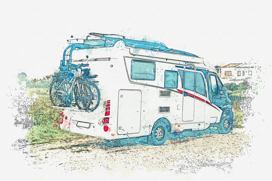 A watercolor sketch or an illustration. A motor home or a house on wheels is parked on the side of the road. Road trip or traveling by car.