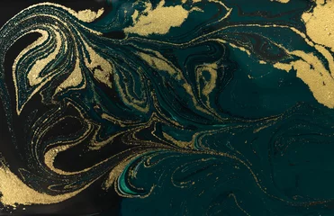 Poster Gouden marmering textuur ontwerp. Blauw en gouden marmeren patroon. Vloeiende kunst. © anya babii