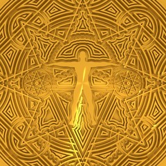 Mystery, witchcraft, occult and alchemy tattoo sign. Mystical vintage gothic geometry thin lines symbol with silhouette of a muscular man. 3D rendering