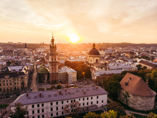 Obraz premium aerial view of sunset above european city