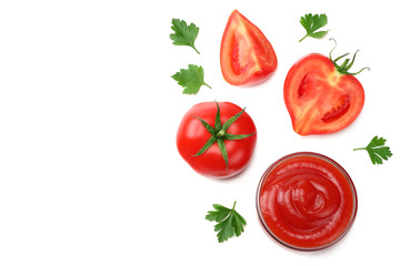 slice of tomato with parsley and glass bowl of ketchup isolated on white background. top view
