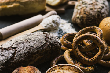 Many mixed breads and handmade bagels