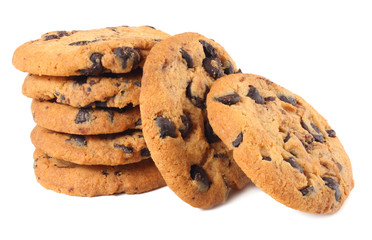 Chocolate chip cookies isolated on white background. Sweet biscuits. Homemade pastry.