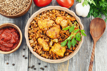 Buckwheat porridge with meat and tomato sauce
