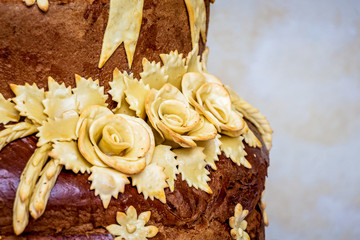 Bread, decorated with flowers from the dough. Pastry for solemn events_