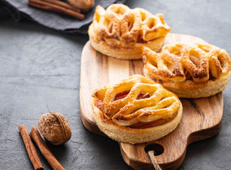 Homemade Apple pie or tart on autumn background. Autumn concept. Copy space.