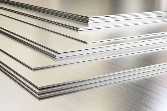 Steel sheets in warehouse, rolled metal product. 3d illustration. 