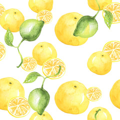 Watercolor painting, vintage seamless pattern - tropical fruits, citrus, slices of lemon, orange, lime, branch. Citrus marmalade, slices. Yellow, green. Fashionable stylish art background. 
