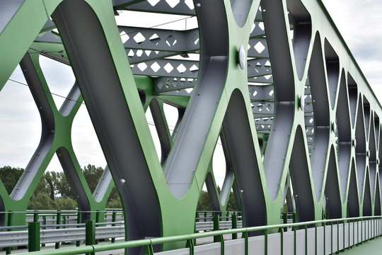 Multidimensional steel structure of new Old Bridge in Bratislava painted green and gray.
