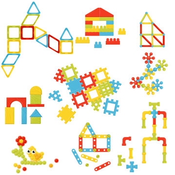 Flat vector set of different children constructors. Toys for child development. Elements for advertising poster of kindergarten