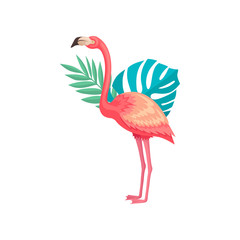 Flamingo with green leaves of tropical trees. Bird with pink plumage, long legs and neck. Flat vector for postcard or poster