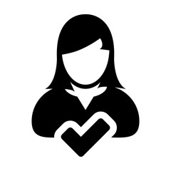 Tick user icon vector female person profile avatar symbol in flat color glyph pictogram illustration