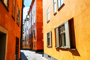 Beautiful street with colorful buildings in Stockholm, Sweden