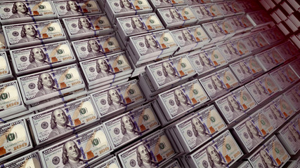 Bundles of 100 dollar bills in a stongbox