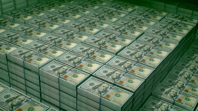 Bundles of 100 dollar bills in a big stronbox