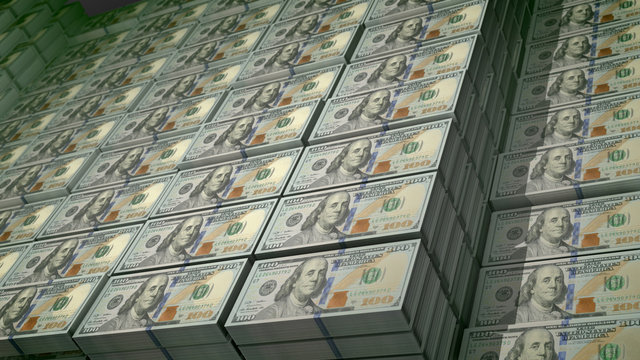 Bundles of 100 dollar banknotes in a depository