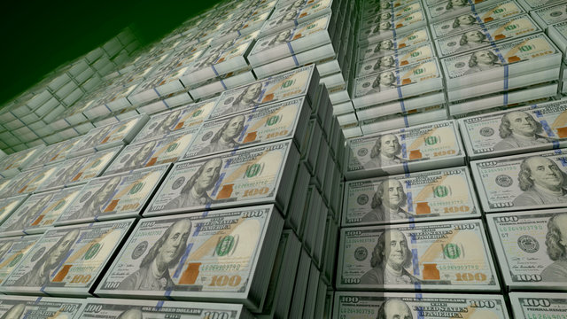 100 dollar banknotes in packs in a bank