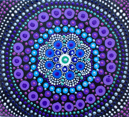 Painting, mandala, bright colors. Lilac on black.