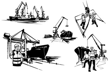 Sea gantry and jib cranes at the port. Docker brigadier with walkie-talkie. Dockworkers at a container terminal in the harbour.