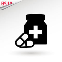 Obraz premium Medicine bottle and pills. Black and white icon. Vector illustration.