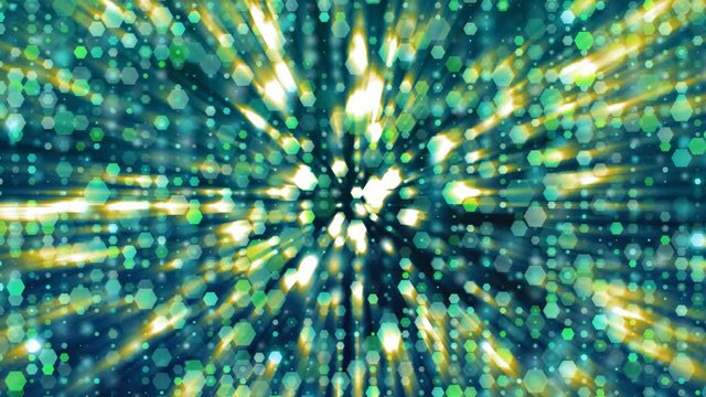 Abstract background glitter hexagon animation. With shine gold sun rays.