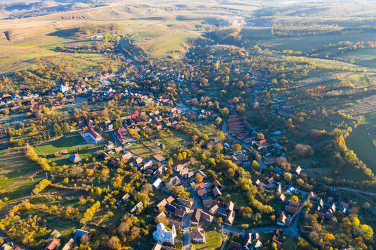 Aerial image of a village in Transylvania