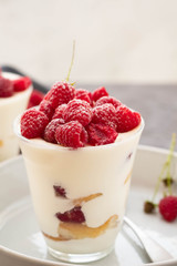 Tiramisu with raspberry in glasses on grey background. Italian dessert. Copy space.