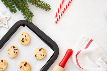 Christmas cookies with nuts and cranberries. Christmas decoration. Top view. Copy space.