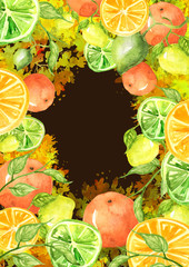 Watercolor invitation, composition, greeting card from orange pattern, tangerine, lime, citrus slices, splash of paint on isolated background. Stylish detail, hand-drawn, for your design.Tropical.