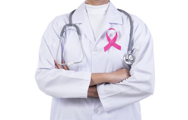 Doctor woman with pink ribbon on her chest, supporting symbol of breast cancer awareness and...