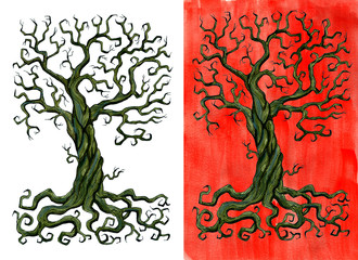 Old tree without leaves isolated on white and against red brushed background. Hand drawn doodle graphic illustration with fantasy and mystic objects 