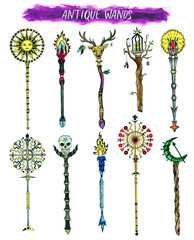 Antique magic wands isolated on white. Hand drawn doodle graphic illustration with fantasy and mystic objects 