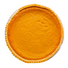 Fresh baked pumpkin pie photographed from above isolated on white background
