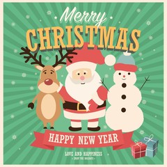 Merry Christmas card with Santa Claus, snowman and reindeer with gift boxes