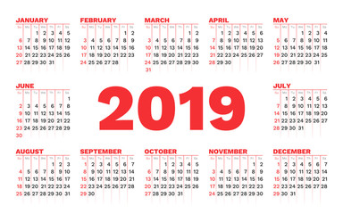 Calendar 2019 vector template on a white background. Week starts on Sunday.