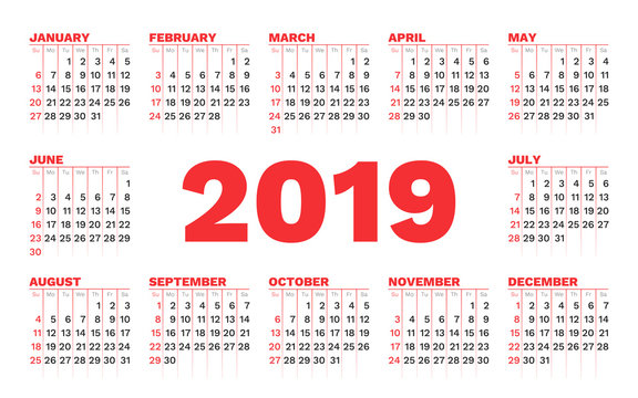 Calendar 2019 vector template on a white background. Week starts on Sunday.