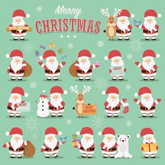 Collection of cute Santa Claus characters with reindeer, bear, snowman and gifts